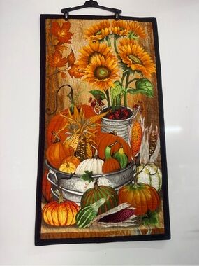 Hand Crafted Sunflowers & Autumn Harvest Lap Quilt - Orange, Green, Brown
